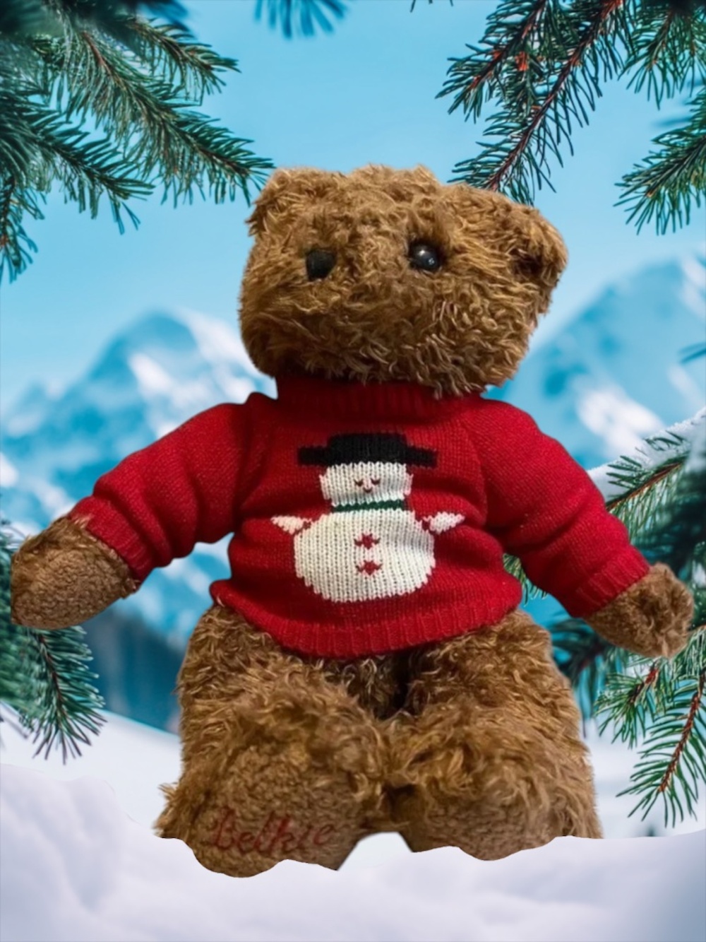 Belkie Bear 1998 With Snowman Red Sweater Ready for the Holidays 16”